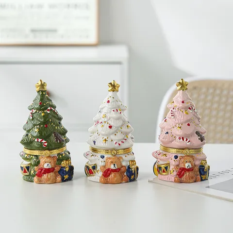 Boîte à Bijoux Sapin de Noël Ours en Céramique Nordique Boîtier de Rangement Vintage Ornement de Bureau Cadeau