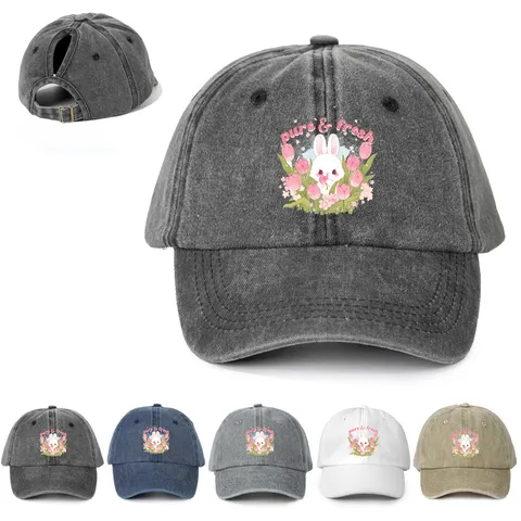 Washed Distressed Polyester Ponytail Baseball Cap Cartoon Bunny Tulip Print Adjustable Sun Protection Hat For Women Men