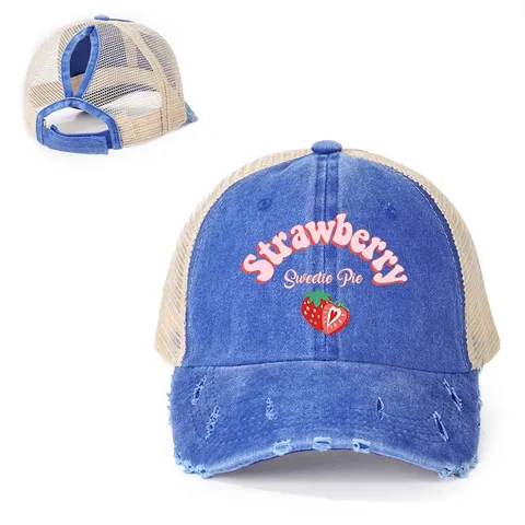 Distressed Ripped Ponytail Baseball Cap For Men Women Strawberry Printed Mesh Splicing Adjustable Breathable Outdoor Sun Hat