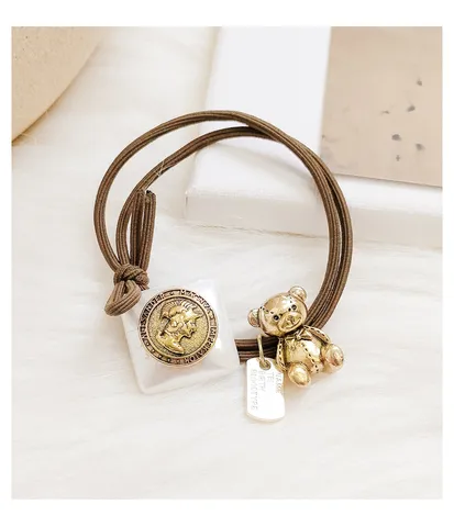 Cute Resin Alloy Cartoon Bear Rabbit Hair Tie Elastic Rubber Band Vintage Coin Square Pendant Mori Style Hair Accessories For Women