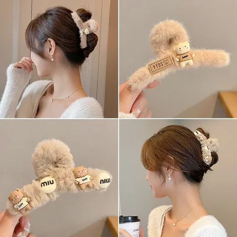 Molla per Capelli in Peluche Orsetto Carino Animale Autunno Inverno Soffice Molla a Granchio Dolce Accessori Capelli Donna