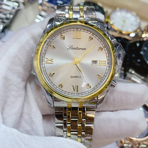 Lanturun Mens Quartz Watch Stainless Steel Two-Tone Strap Rhinestone Roman Numeral Dial Calendar Business Wristwatch