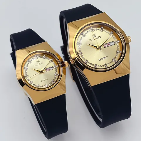 Montre à Quartz de Luxe en Alliage Vintage Bracelet en Silicone Avec Cadran en Strass Double Calendrier pour Couple