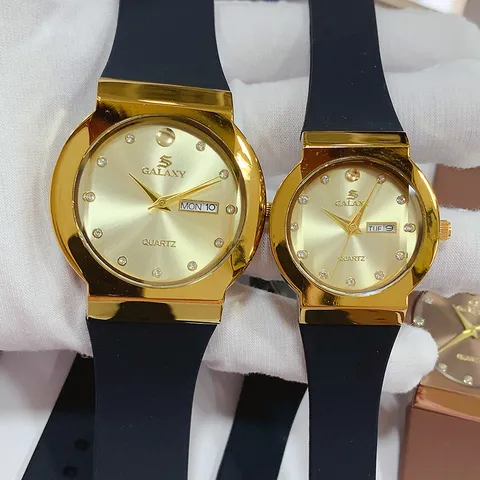 Orologio al Quarzo Minimalista Vintage per Coppie Cassa in Lega Cinturino in Silicone Quadrante in Strass Doppio Calendario Rotondo Orologio da Polso