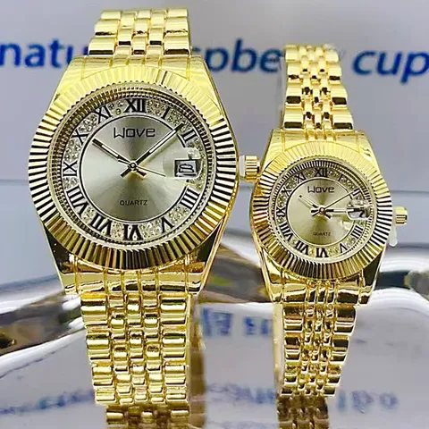 WOVE Montre à Quartz de Couple de Luxe Bracelet en Acier Inoxydable Boîtier en Alliage Strass Calendrier Montre-Bracelet Décontractée