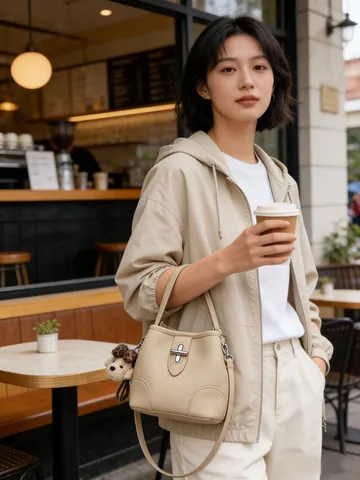 Women PU Leather Bucket Bag Minimalist Solid Color Casual Tote Bag With Lock Clasp Cute Bear Pendant Daily Shoulder Bag