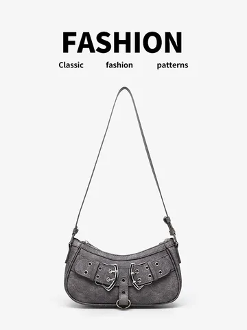 Vintage Motorcycle PU Leather Underarm Bag For Women Retro Dark Gray Solid Color Shoulder Bag Daily Casual Chic Handbag