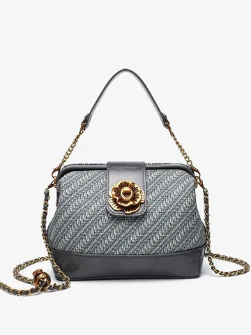 Women's Fashion Woven Texture PU Leather Crossbody Bag Camellia Lock Chain Commuter Shoulder Bag