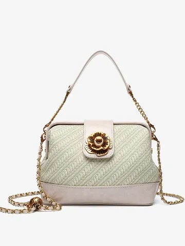 Women's Fashion Woven Texture PU Leather Crossbody Bag Camellia Lock Chain Commuter Shoulder Bag