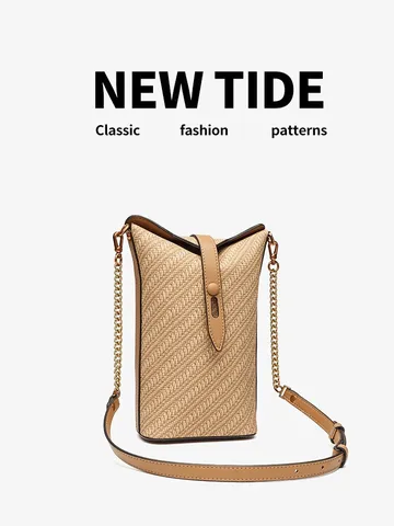 Women Woven Straw Bucket Bag PU Leather Splicing Retro Crossbody Bag Casual Daily Shoulder Bag Fashion Handbag