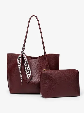 Large Capacity Tote Bag Women Commute Minimalist PU Leather Shoulder Bag Large Handbag With Scarf Decoration