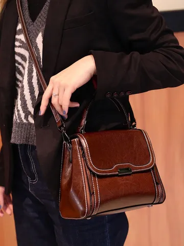 Women PU Leather Top Handle Crossbody Bag Vintage Retro Satchel Shoulder Bag Casual Tote Bag For Ladies