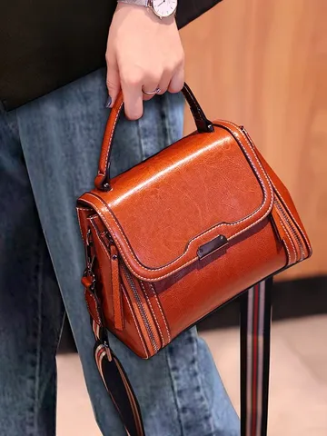 Women PU Leather Top Handle Crossbody Bag Vintage Retro Satchel Shoulder Bag Casual Tote Bag For Ladies