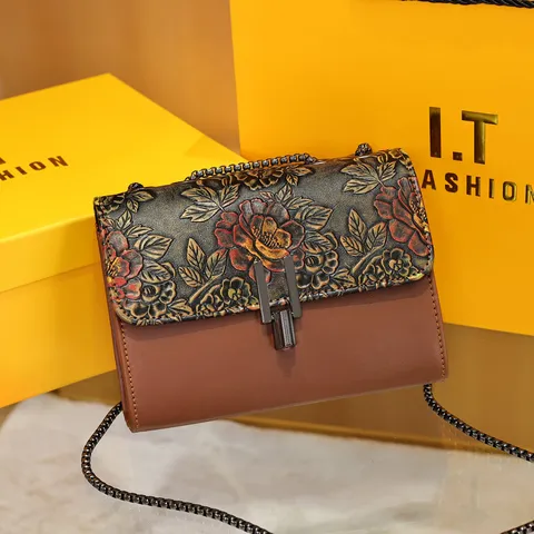 Women Retro Embossed PU Leather Crossbody Bag Fashion Floral Shoulder Bag Luxury Chain Lock Flap Handbag For Daily Use