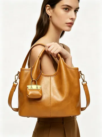 Women Fashion PU Leather Bucket Bag Minimalist Casual Solid Color Shoulder Crossbody Tote Bag With Chain Pendant