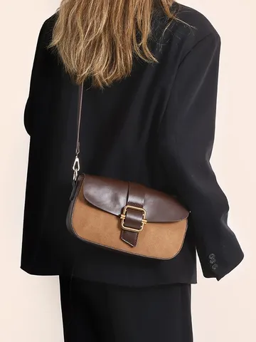 Women PU Leather Contrast Color Saddle Bag Small Underarm Shoulder Bag Fashion Retro Crossbody Handbag