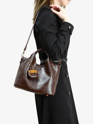 Women Fashion PU Leather Bucket Bag Minimalist Casual Solid Color Shoulder Crossbody Tote Bag With Chain Pendant