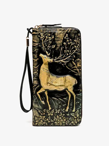Women's Long Wallet PU Leather Embossed Deer Head Design Multi-Card Slot Clutch Bag