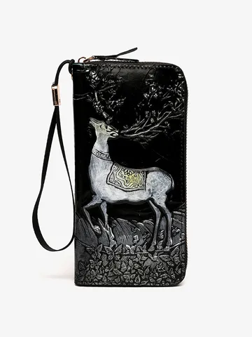 Women's Long Wallet PU Leather Embossed Deer Head Design Multi-Card Slot Clutch Bag