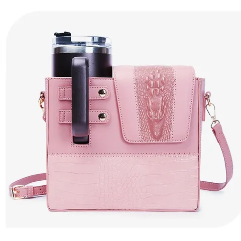 PU Leather Crocodile Pattern Crossbody Bag Portable Water Cup Holder Shoulder Bag Fashion Daily Handbag For Women