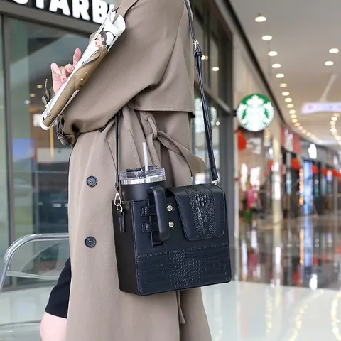 PU Leather Crocodile Pattern Crossbody Bag Portable Water Cup Holder Shoulder Bag Fashion Daily Handbag For Women