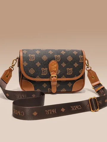 Women Retro Monogram Pattern Shoulder Bag PU Leather Patchwork Underarm Bag Vintage Crossbody Bag Fashion Handbag