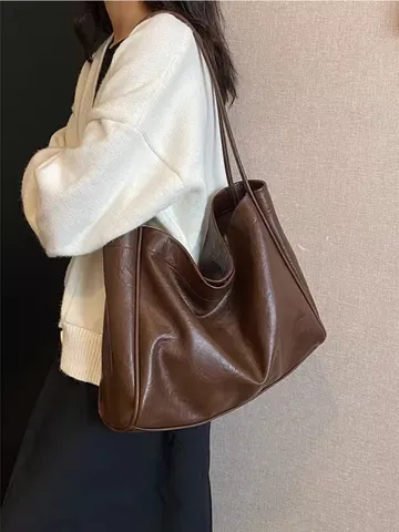 Women PU Leather Tote Bag Large Capacity Casual Shoulder Handbag Minimalist Commuter Bag With Pouch