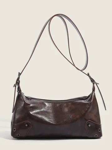 Women's Vintage PU Leather Underarm Bag Retro Rivet Shoulder Crossbody Bag Casual Chic Daily Handbag