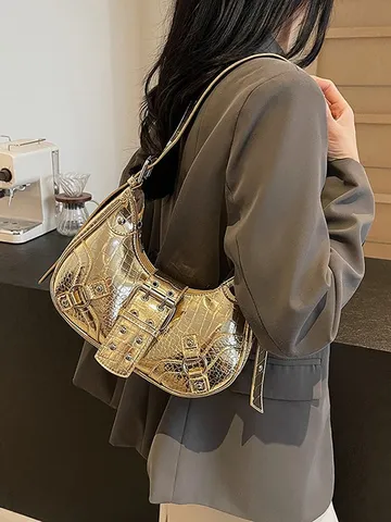 Women PU Leather Crocodile Pattern Underarm Bag Rivet Design Crescent Shoulder Bag Fashion Handbag