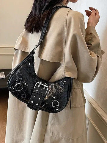Women PU Leather Crocodile Pattern Underarm Bag Rivet Design Crescent Shoulder Bag Fashion Handbag