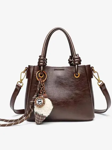 Vintage PU Leather Women Bucket Bag Retro Handbag Casual Daily Top Handle Shoulder Bag With Cute Pendant