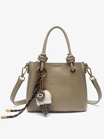 Vintage PU Leather Women Bucket Bag Retro Handbag Casual Daily Top Handle Shoulder Bag With Cute Pendant