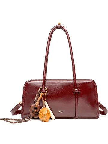 Women Retro PU Leather Bowling Bag Solid Color Zipper Handbag Casual Daily Commuter Crossbody Bag