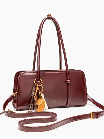 Women Retro PU Leather Bowling Bag Solid Color Zipper Handbag Casual Daily Commuter Crossbody Bag