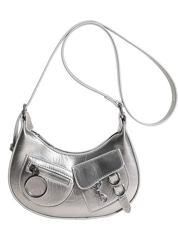 Women PU Leather Crossbody Bag Fashion Trendy Silver Niche Crescent Bag Single Shoulder Punk Motorcycle Bag