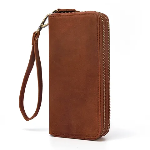 Billetera Larga de Cuero Genuino Vintage para Hombre Bloqueo RFID Negocios Doble Cremallera Monedero Bolso de Gran Capacidad
