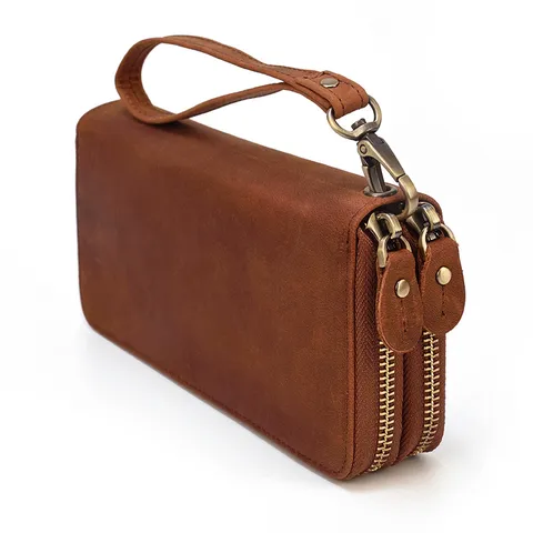 Billetera Larga de Cuero Genuino Vintage para Hombre Bloqueo RFID Negocios Doble Cremallera Monedero Bolso de Gran Capacidad
