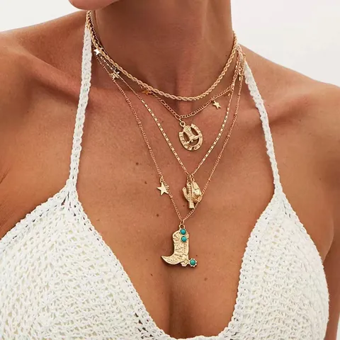 Bohemian Western Layered Necklace For Women Alloy Vintage Cowboy Boot Cactus Horseshoe Pendant Multilayer Choker Jewelry
