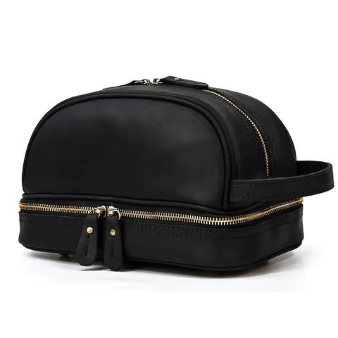 Vintage Genuine Leather Mens Clutch Bag Double Layer Toiletry Bag Multifunctional Travel Cosmetic Organizer
