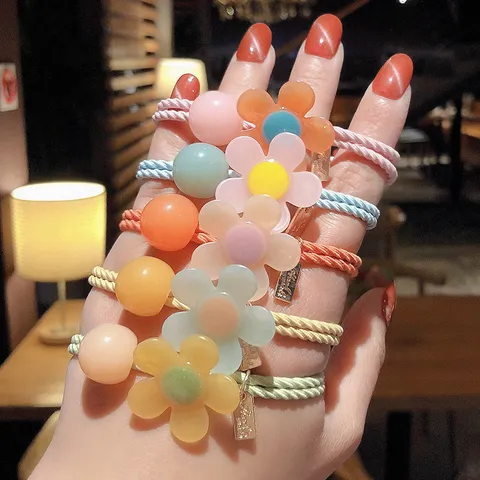 Sweet Multicolor Acrylic Resin Flower Hair Ties For Women Girls Cute Beads Pendant Elastic Hair Bands Forest Style Ponytail Holder Fashion Hair Accessories