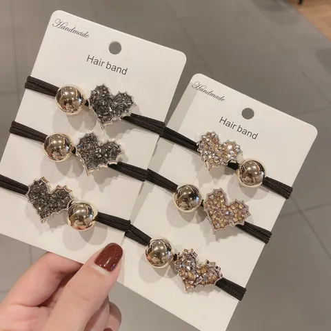 Korean Style High Elasticity Rhinestone Heart Hair Tie Handmade Alloy Bead Ponytail Holder Fashion Hair Band For Women Girls Jewelry