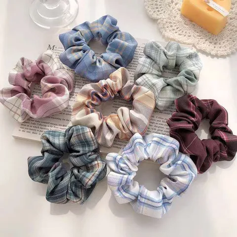 Minimalist Plaid Fabric Scrunchie Casual Preppy Hair Tie Sweet Elastic Ponytail Holder Korean Ins Style Wrist Decoration For Women