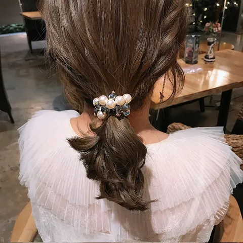 Elegante Kristal Kunstparel Haarbanden Voor Dames Koreaanse Stijl Gefacetteerde Kralen Scrunchies Handgemaakte Bloem Elastische Haarelastiekjes Haaraccessoires