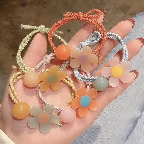 Sweet Multicolor Acrylic Resin Flower Hair Ties For Women Girls Cute Beads Pendant Elastic Hair Bands Forest Style Ponytail Holder Fashion Hair Accessories