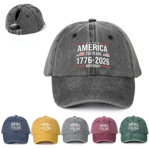 Damen Pferdeschwanz Baseballkappe Vintage Gewaschen Polyester Einstellbar Outdoor Sonnenschutz Hut Amerika Motiv Bedruckt