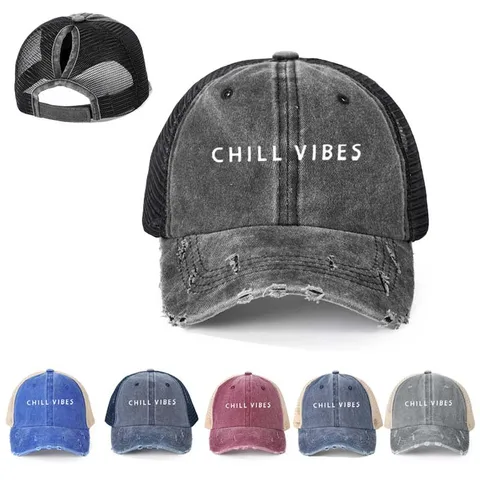 Damen Distressed Mesh Pferdeschwanz Baseballkappe Verstellbare Outdoor Sonnenschutz Vintage Gewaschene Trucker Hat Freizeithut