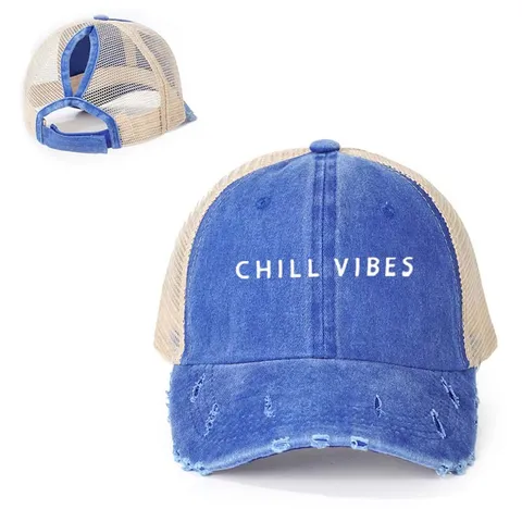 Damen Distressed Mesh Pferdeschwanz Baseballkappe Verstellbare Outdoor Sonnenschutz Vintage Gewaschene Trucker Hat Freizeithut