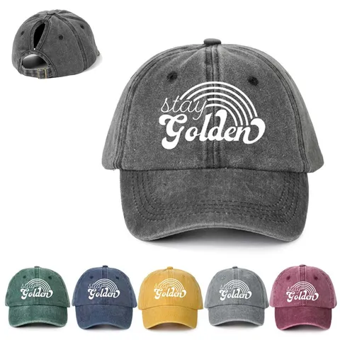 Damen Pferdeschwanz Baseballkappe Washed Distressed Baumwolle Dad Hat Stay Golden Bedruckt Verstellbar Outdoor Sonnenschutz Hat
