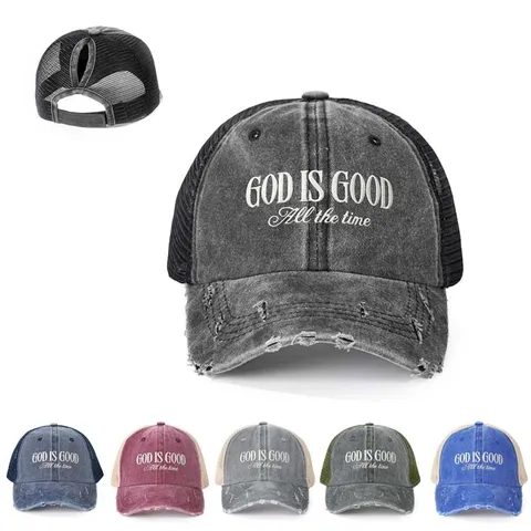 Damen Vintage Gewaschene Baseballkappe Zopfloch Mesh Trucker Hat Atmungsaktive Outdoor Sonnenschutz Kappe