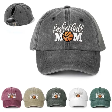 Damen Basketball Mom Baseballcap Vintage Gewaschener Pferdeschwanz Hut Verstellbarer Outdoor Sport Sonnenschutz Polyester Kappe